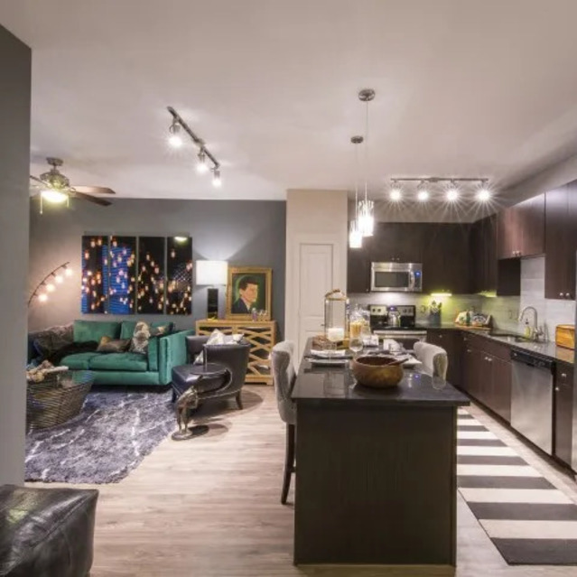 The Arcadian - Open-Concept Living Room and Kitchen with Dark Cabinetry, Stainless Steel Appliances, and a Teal Sofa