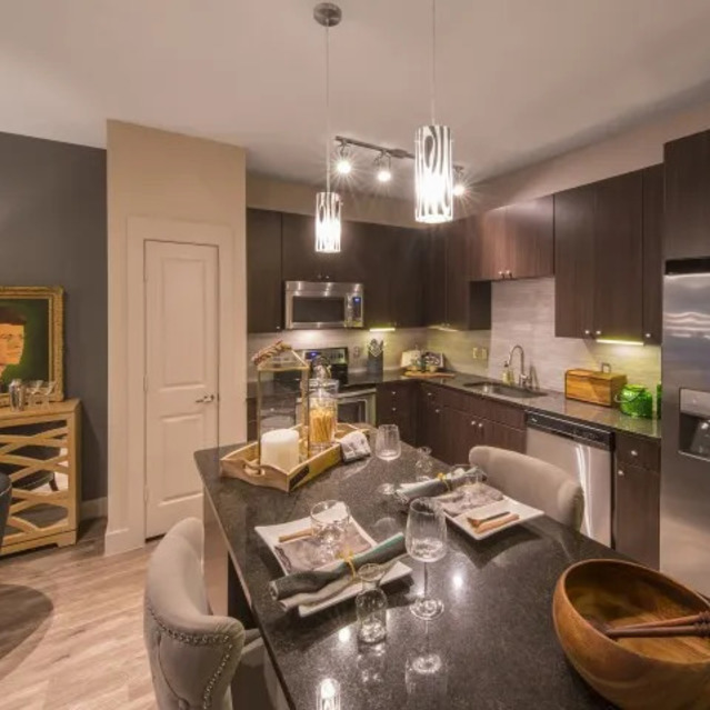 The Arcadian - Modern Kitchen Featuring Dark Wood Cabinets, Stainless Steel Appliances, and Contemporary Lighting